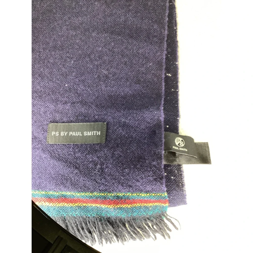 PS by Paul Smith Mens Navy Blue Speckled Wool Scarf Italy Fringe Multi Stripe